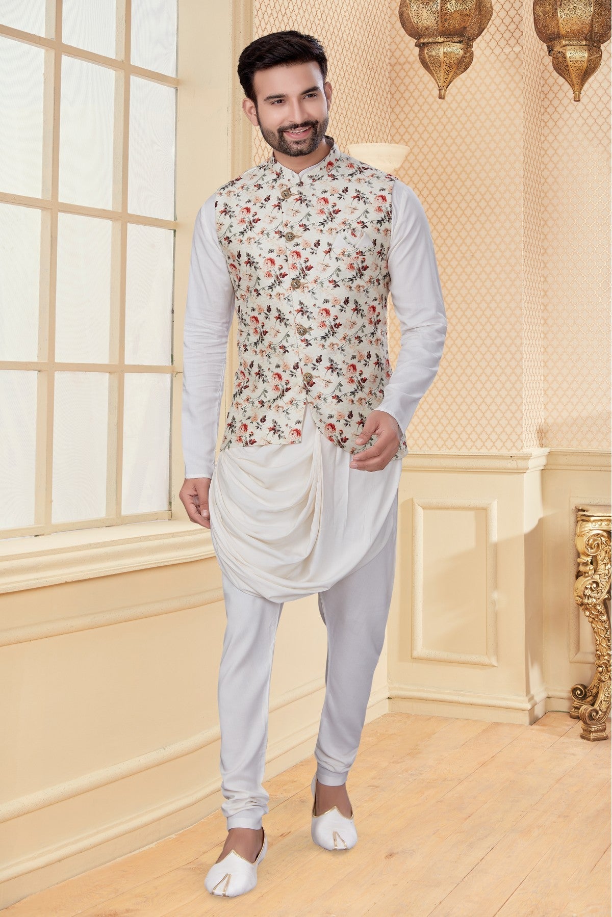 White and Cream Colour Kurta Pajama With Jacket In Soft Silk Fabric vastradi