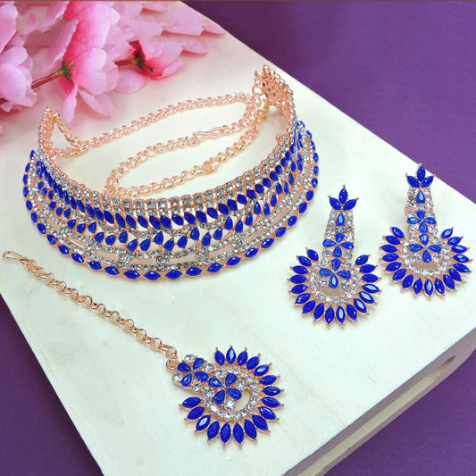 Alloy Choker Necklace Set In Blue Colour