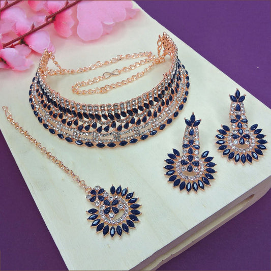 Alloy Choker Necklace Set In Blue Colour