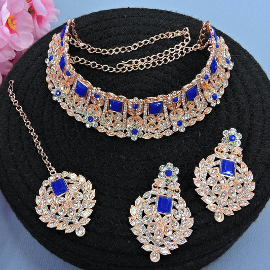 Alloy Choker Necklace Set In Blue Colour