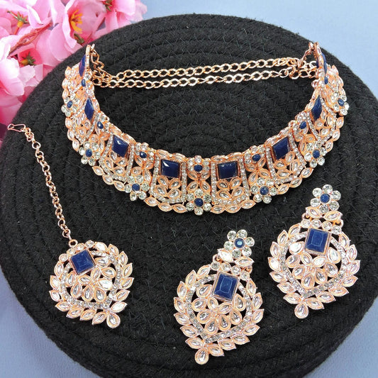 Alloy Choker Necklace Set In Blue Colour