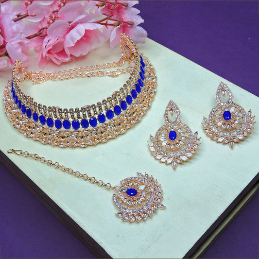 Alloy Choker Necklace Set In Blue Colour