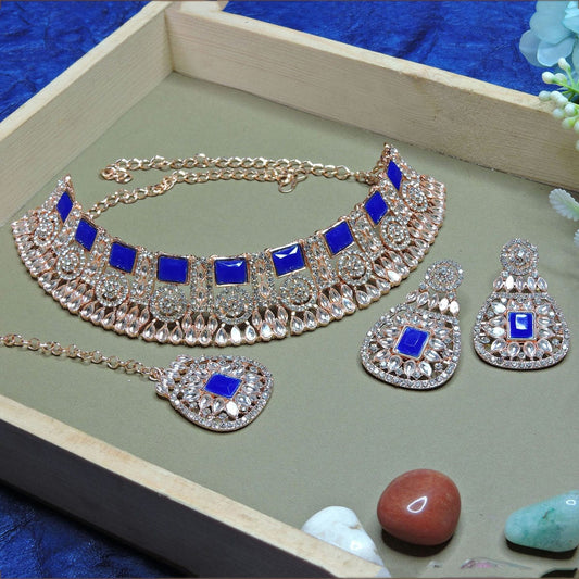 Alloy Choker Necklace Set In Blue Colour