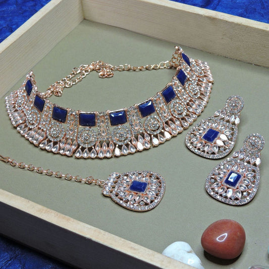 Alloy Choker Necklace Set In Blue Colour