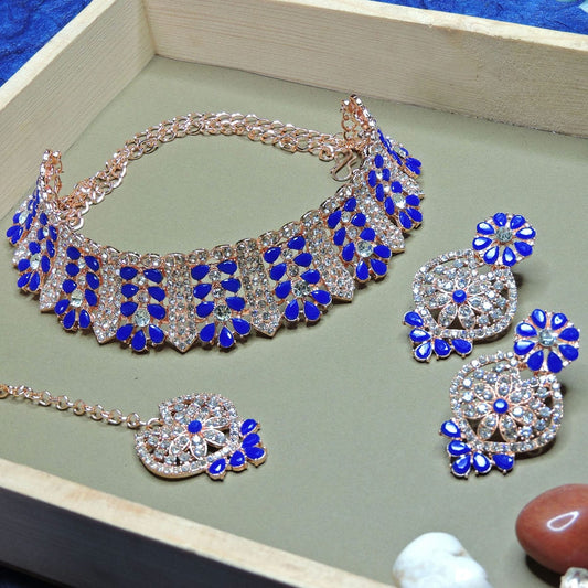 Alloy Choker Necklace Set In Blue Colour