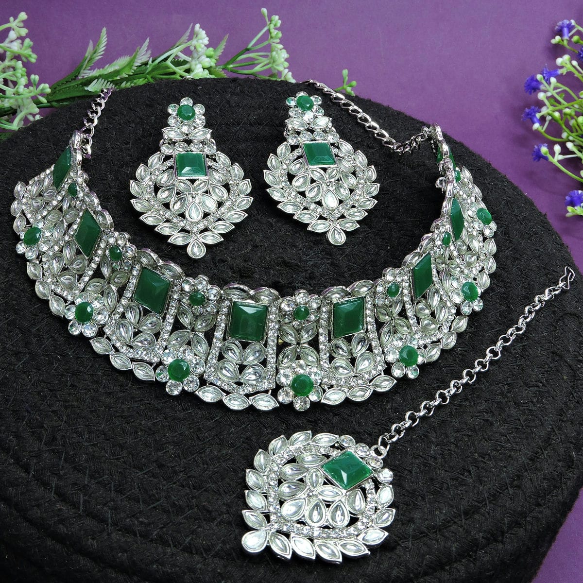 Alloy Choker Necklace Set In Green Colour