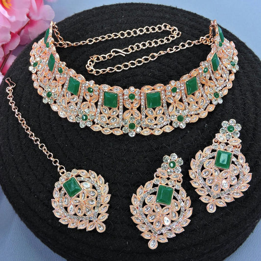 Alloy Choker Necklace Set In Green Colour