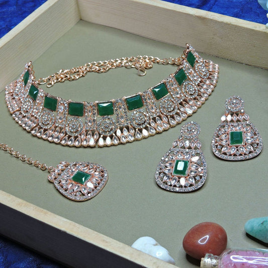 Alloy Choker Necklace Set In Green Colour