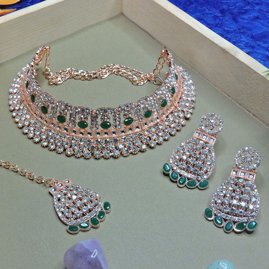 Alloy Choker Necklace Set In Green Colour