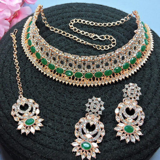 Alloy Choker Necklace Set In Green Colour