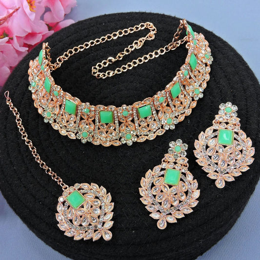 Alloy Choker Necklace Set In Light Green Colour