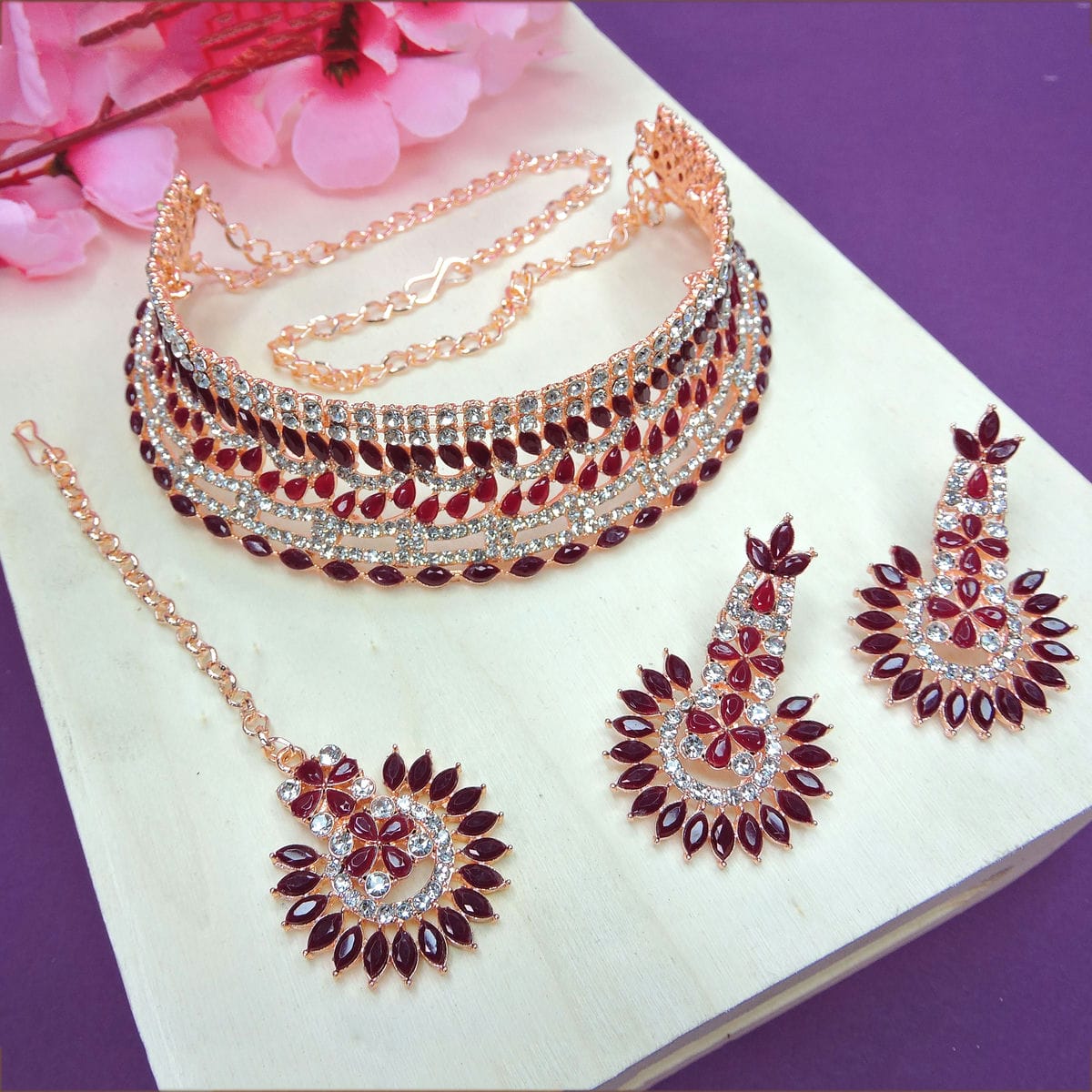 Alloy Choker Necklace Set In Maroon Colour