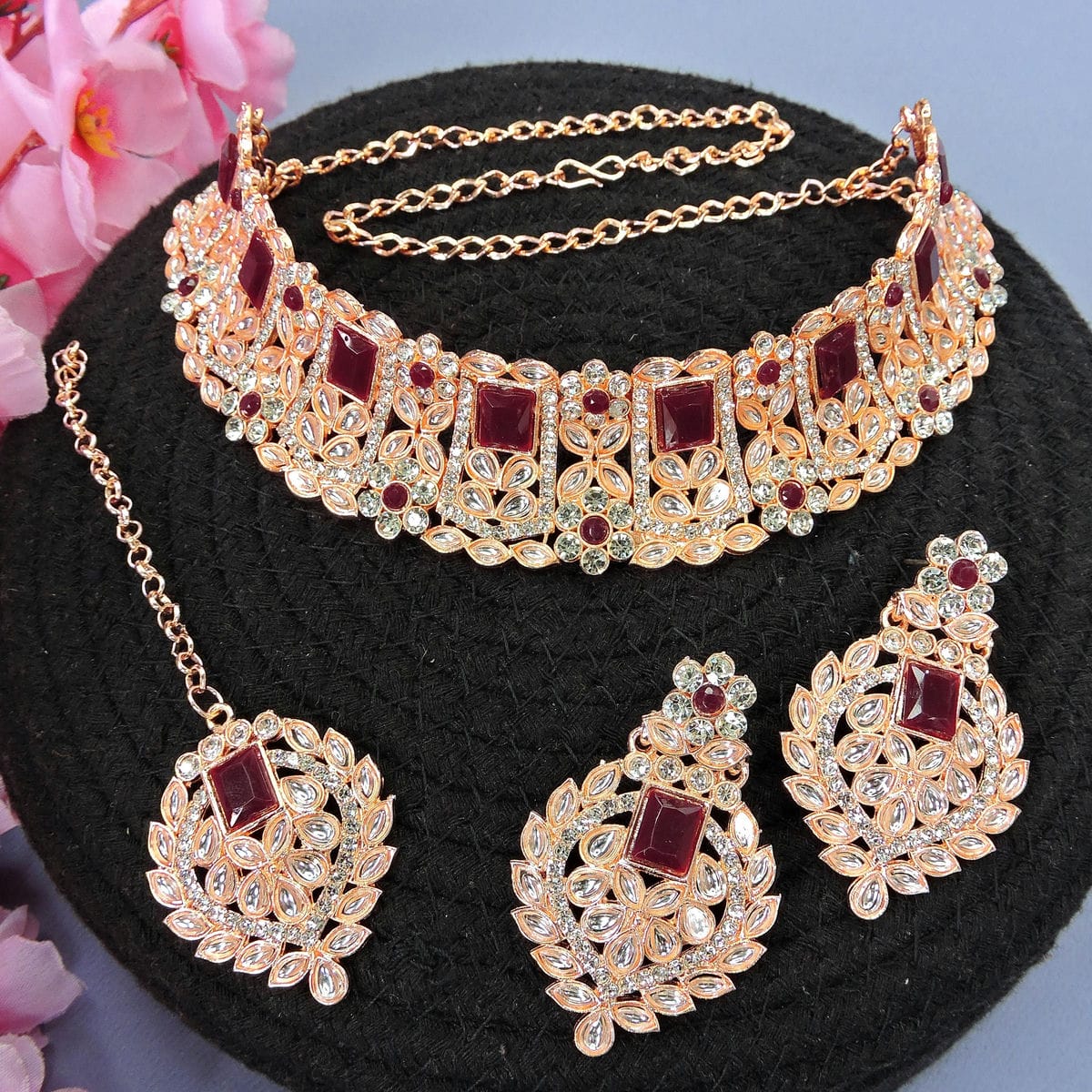 Alloy Choker Necklace Set In Maroon Colour