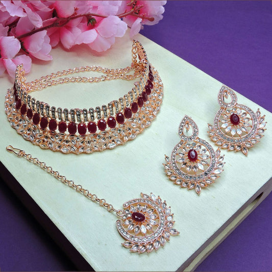 Alloy Choker Necklace Set In Maroon Colour