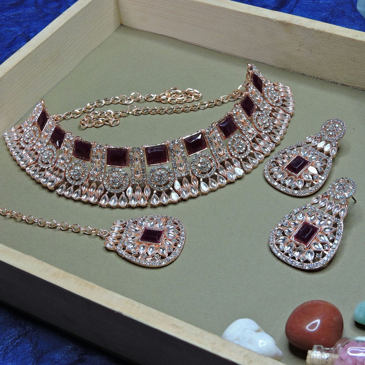 Alloy Choker Necklace Set In Maroon Colour