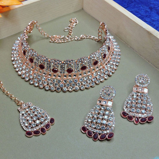 Alloy Choker Necklace Set In Maroon Colour