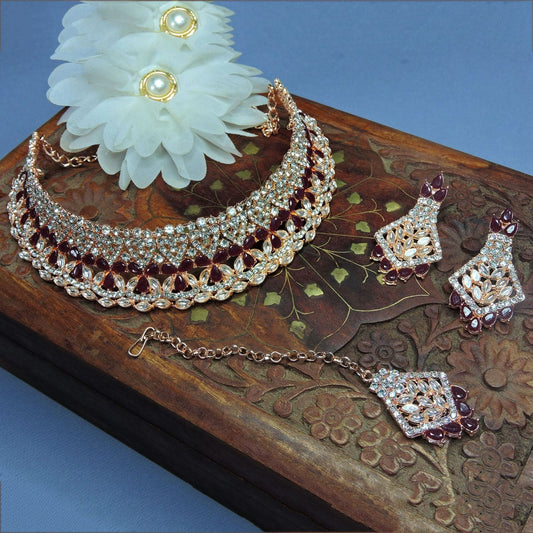 Alloy Choker Necklace Set In Maroon Colour