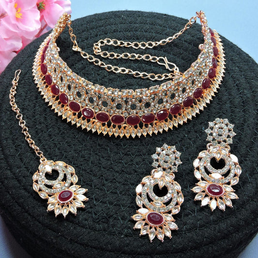 Alloy Choker Necklace Set In Maroon Colour