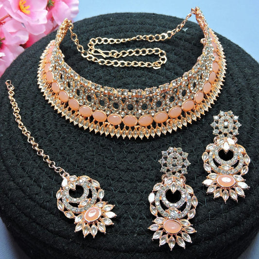 Alloy Choker Necklace Set In Peach Colour