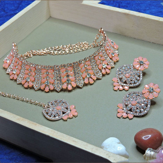 Alloy Choker Necklace Set In Peach Colour