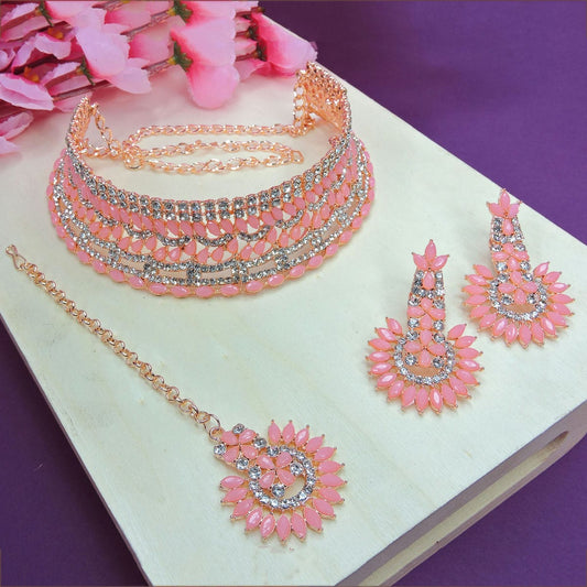 Alloy Choker Necklace Set In Pink Colour