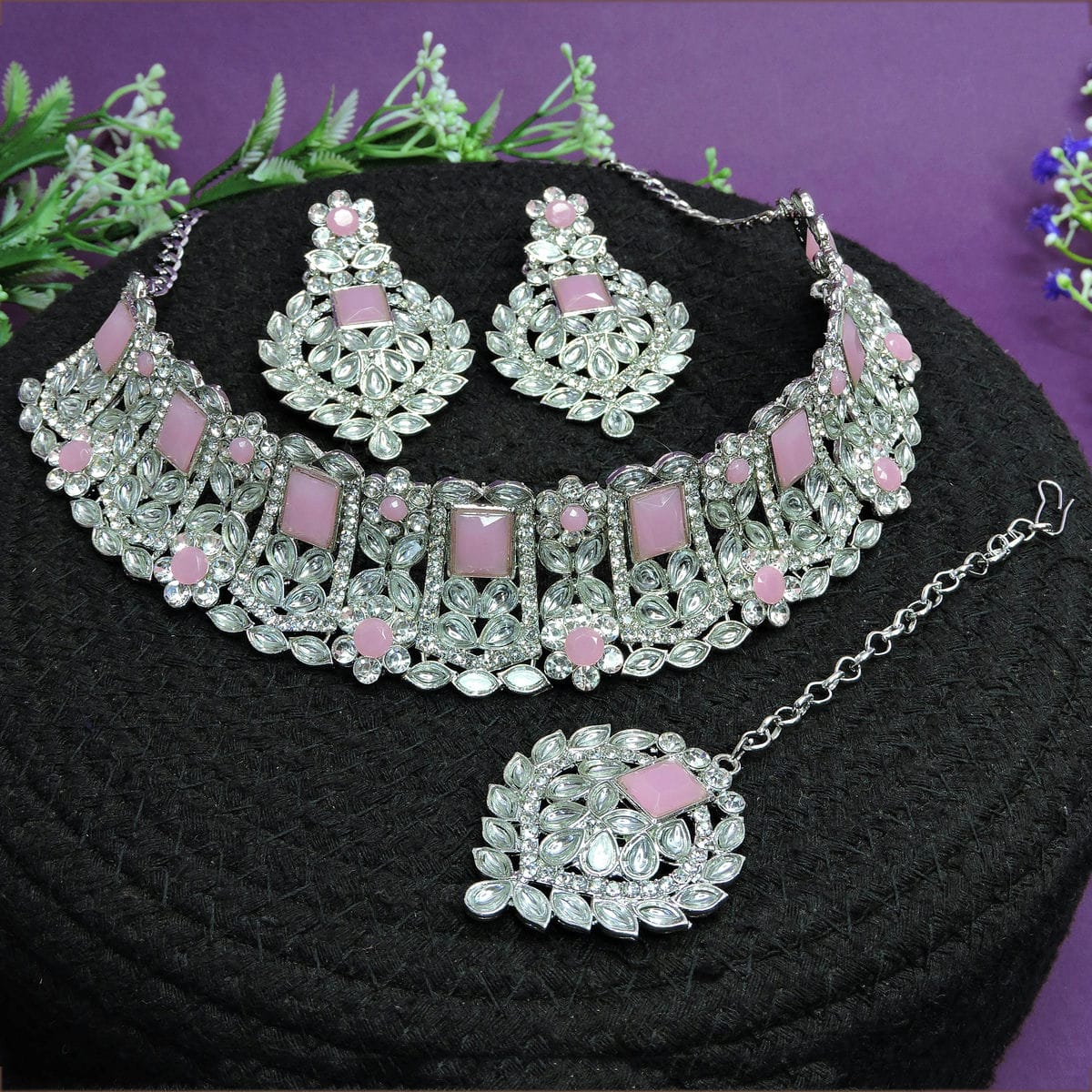 Alloy Choker Necklace Set In Pink Colour