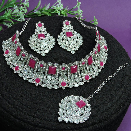 Alloy Choker Necklace Set In Pink Colour