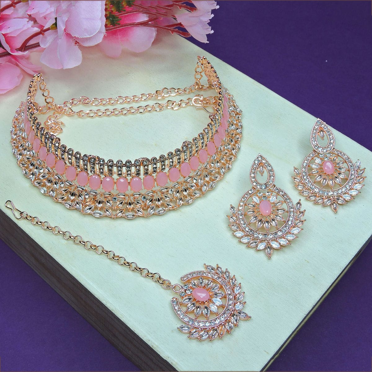 Alloy Choker Necklace Set In Pink Colour