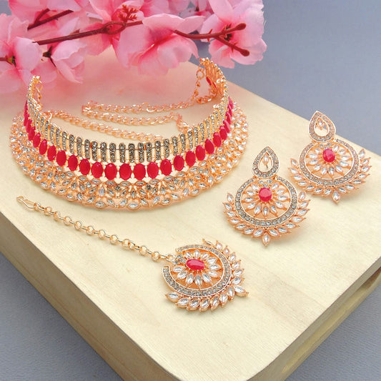 Alloy Choker Necklace Set In Pink Colour