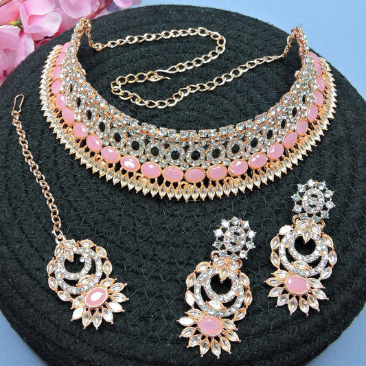 Alloy Choker Necklace Set In Pink Colour