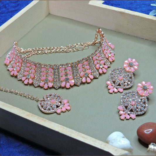 Alloy Choker Necklace Set In Pink Colour