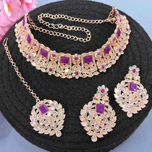 Alloy Choker Necklace Set In Purple Colour