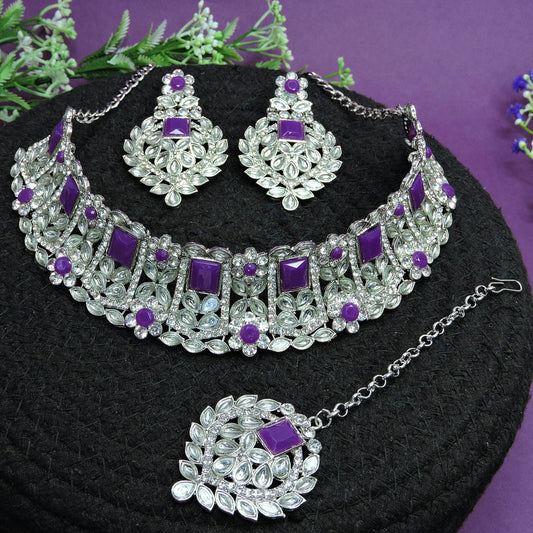 Alloy Choker Necklace Set In Purple Colour