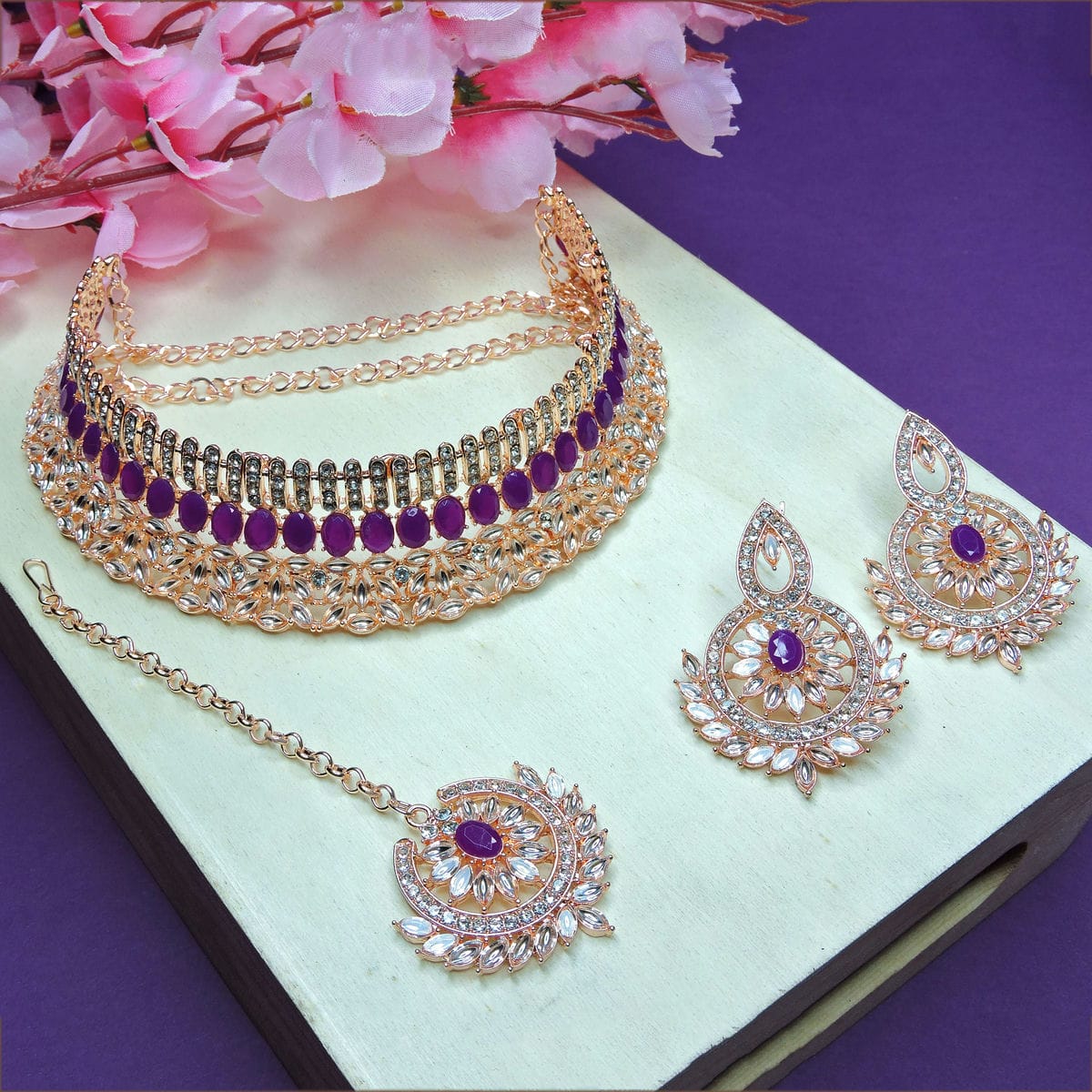 Alloy Choker Necklace Set In Purple Colour VSNS1250055