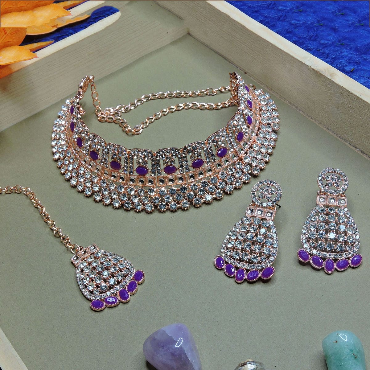 Alloy Choker Necklace Set In Purple Colour