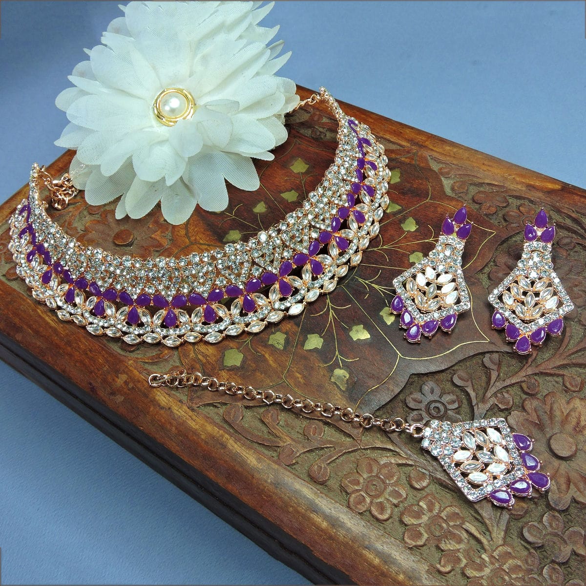 Alloy Choker Necklace Set In Purple Colour