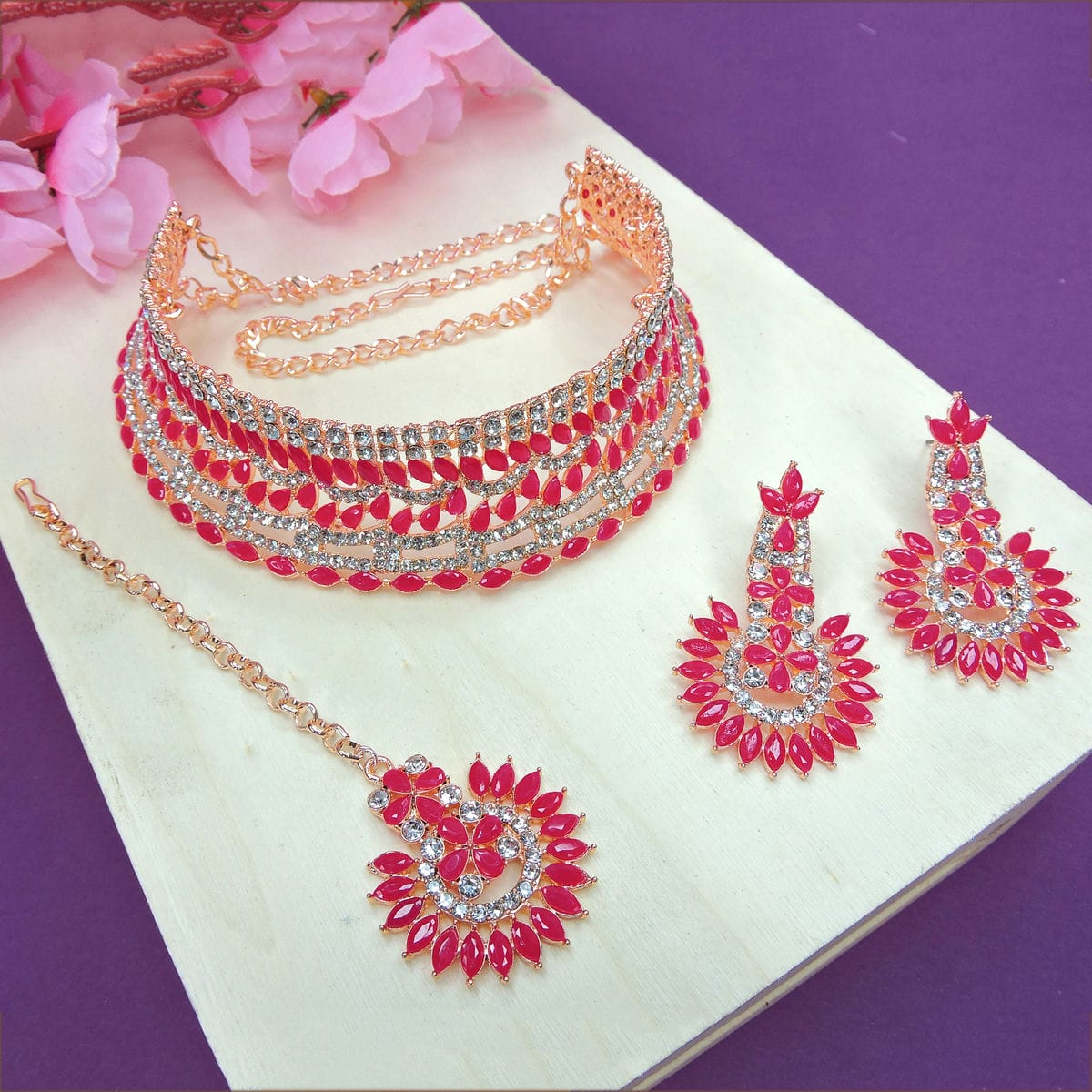 Alloy Choker Necklace Set In Rani Pink Colour