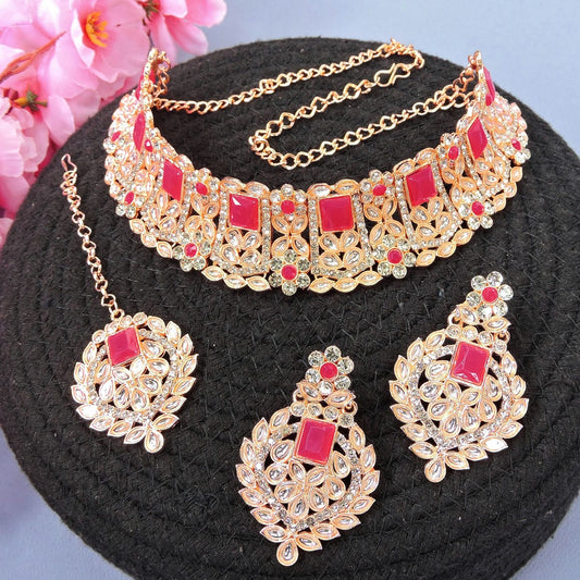 Alloy Choker Necklace Set In Rani Pink Colour