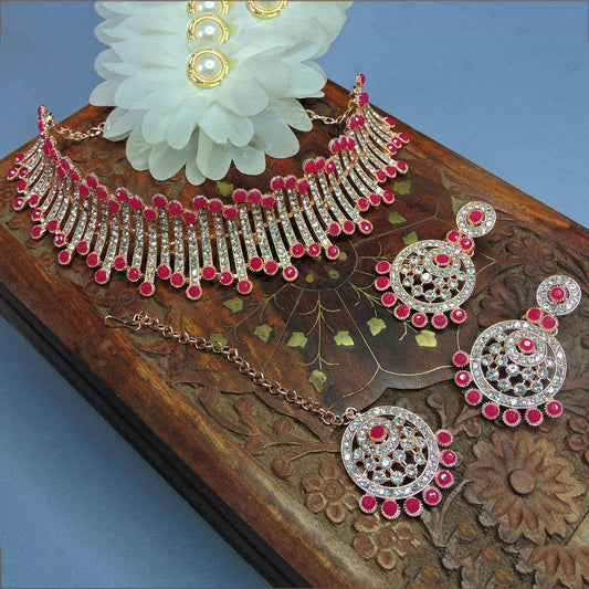 Alloy Choker Necklace Set In Rani Pink Colour