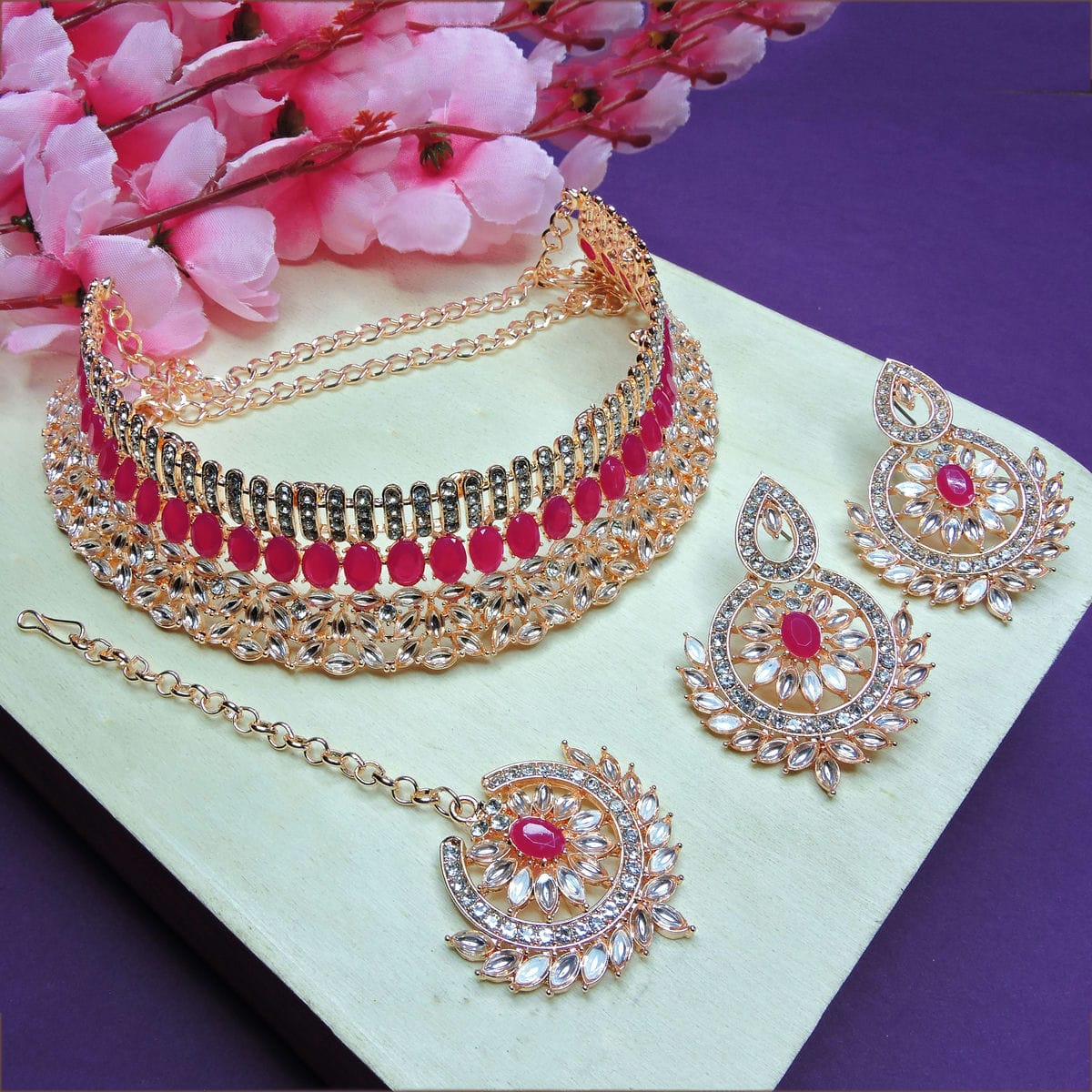 Alloy Choker Necklace Set In Rani Pink Colour