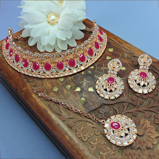 Alloy Choker Necklace Set In Rani Pink Colour