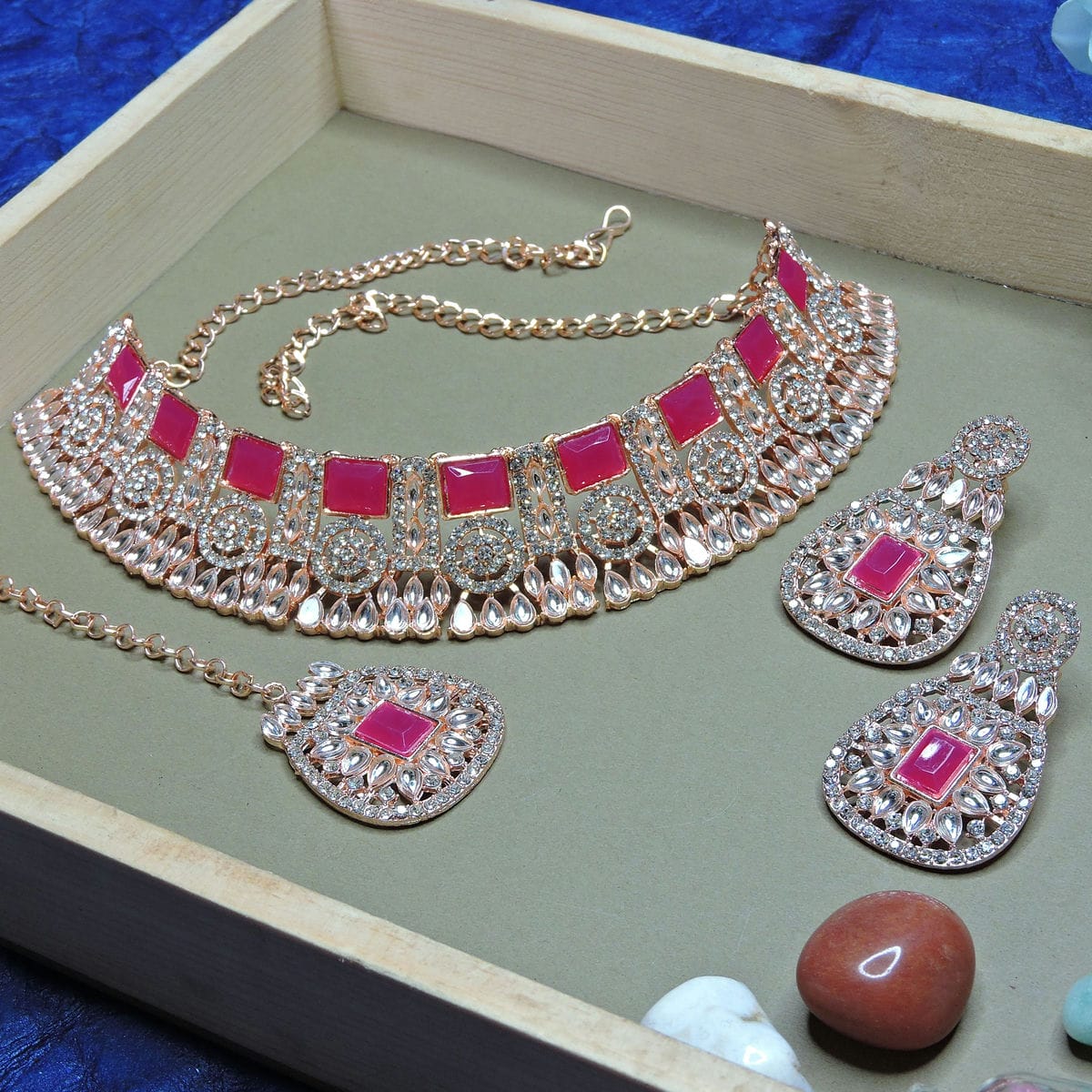 Alloy Choker Necklace Set In Rani Pink Colour