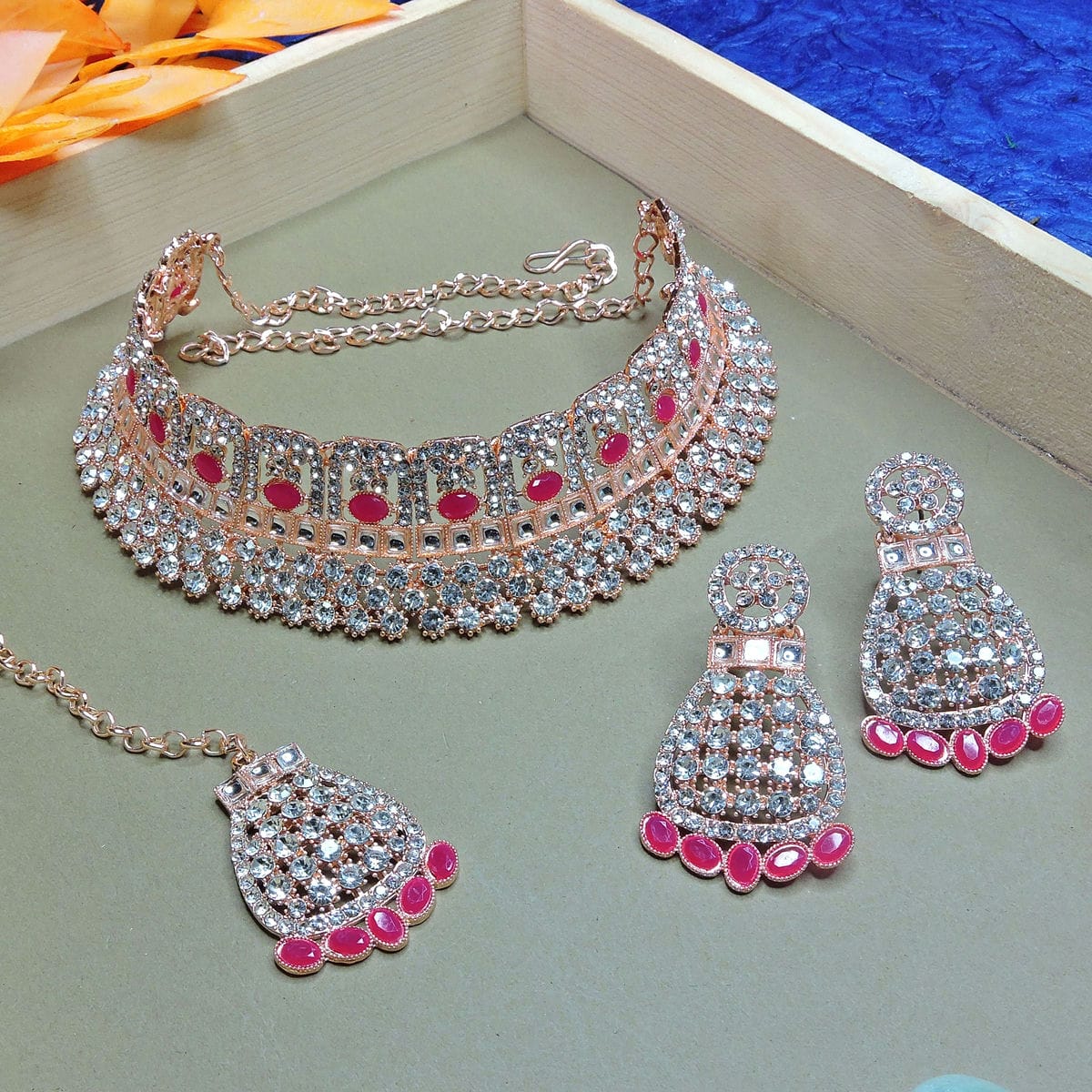 Alloy Choker Necklace Set In Rani Pink Colour