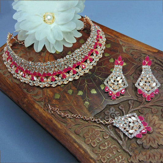 Alloy Choker Necklace Set In Rani Pink Colour