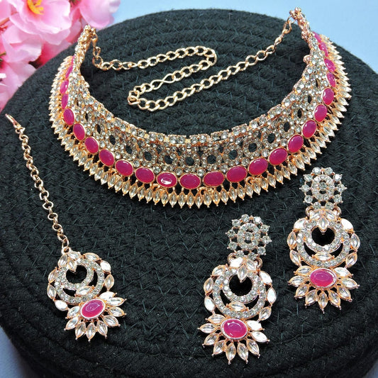 Alloy Choker Necklace Set In Rani Pink Colour