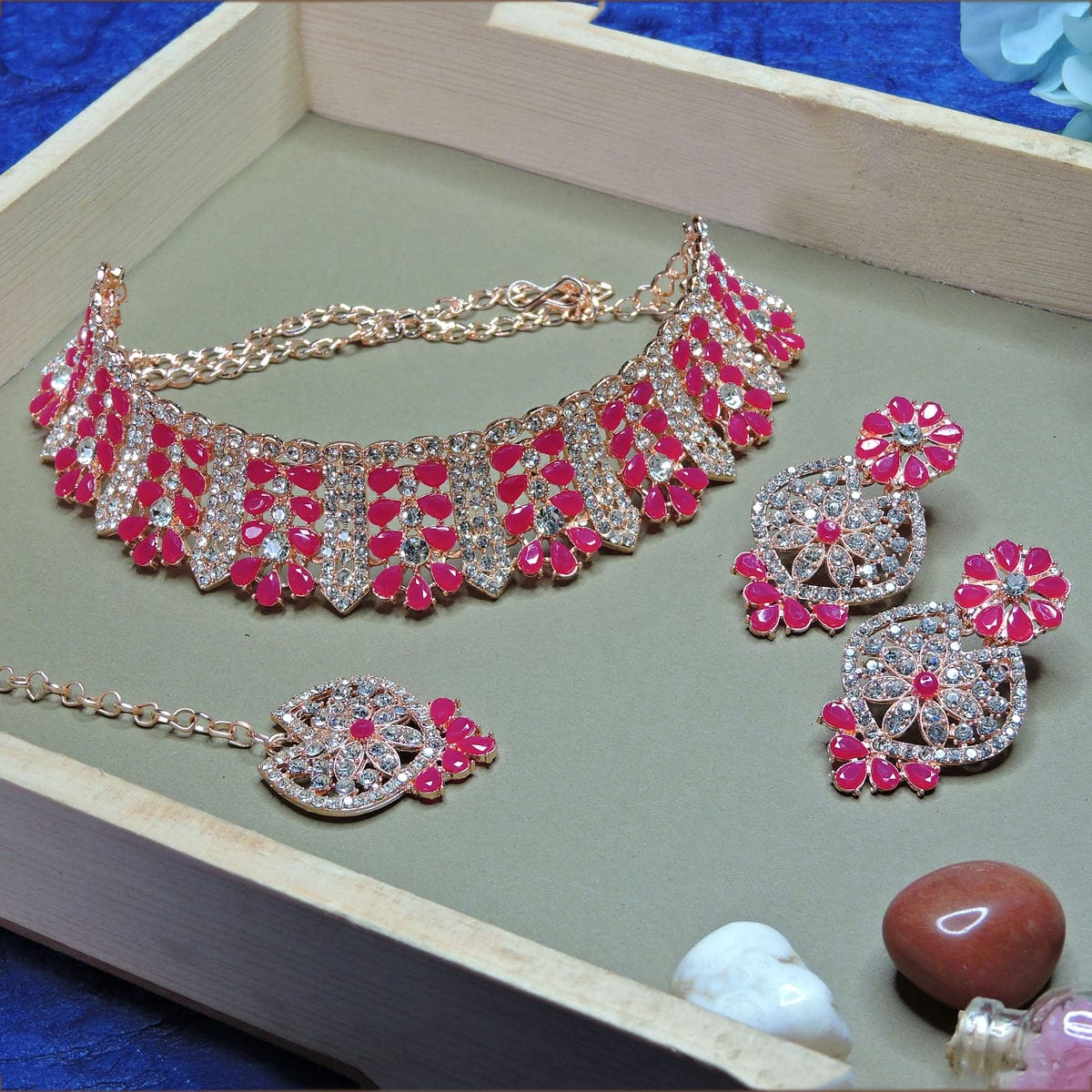 Alloy Choker Necklace Set In Rani Pink Colour VSNS1250135