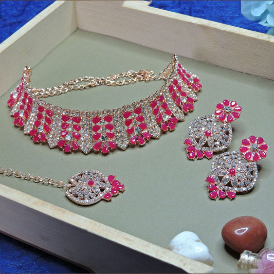 Alloy Choker Necklace Set In Rani Pink Colour