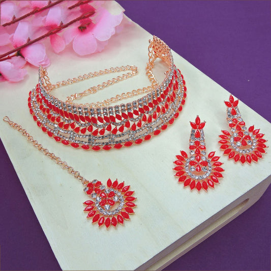 Alloy Choker Necklace Set In Red Colour