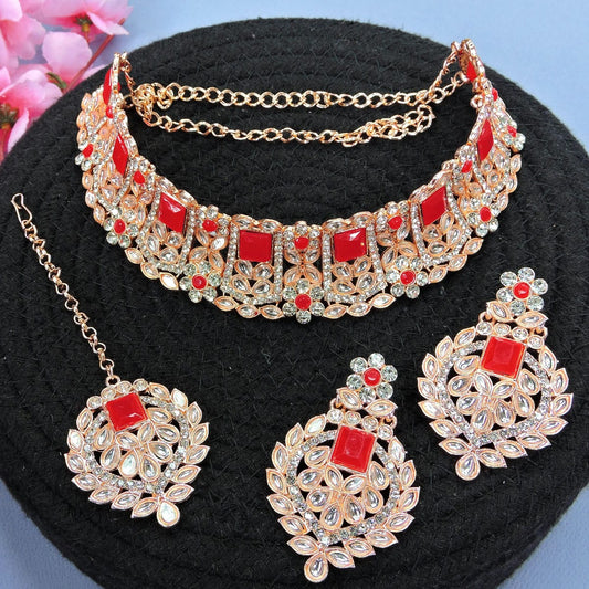 Alloy Choker Necklace Set In Red Colour