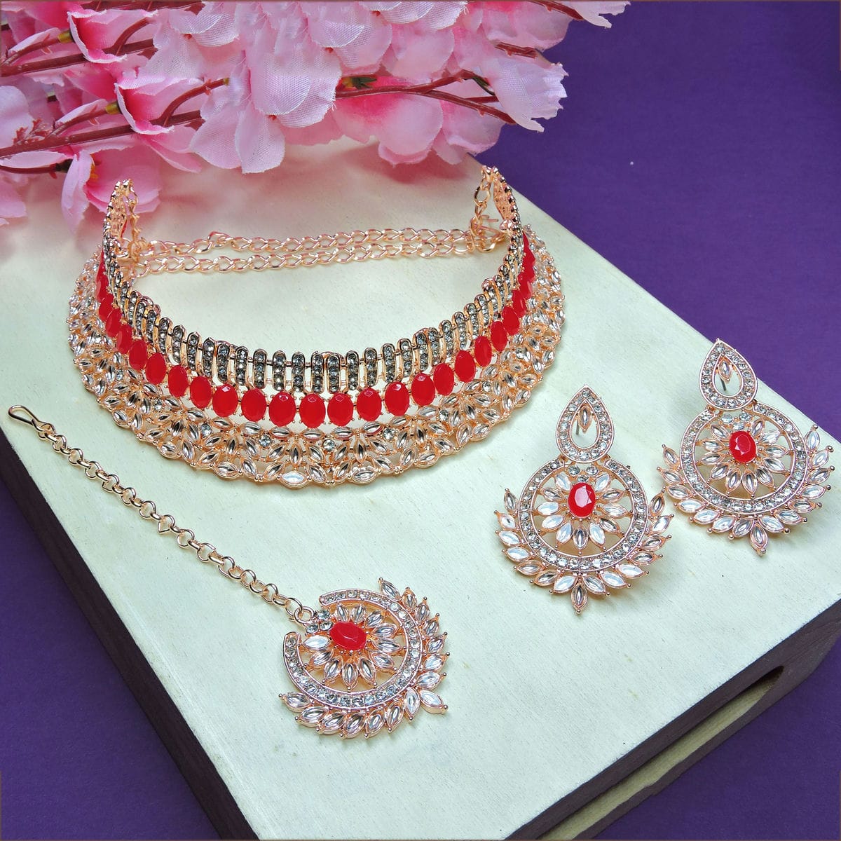 Alloy Choker Necklace Set In Red Colour